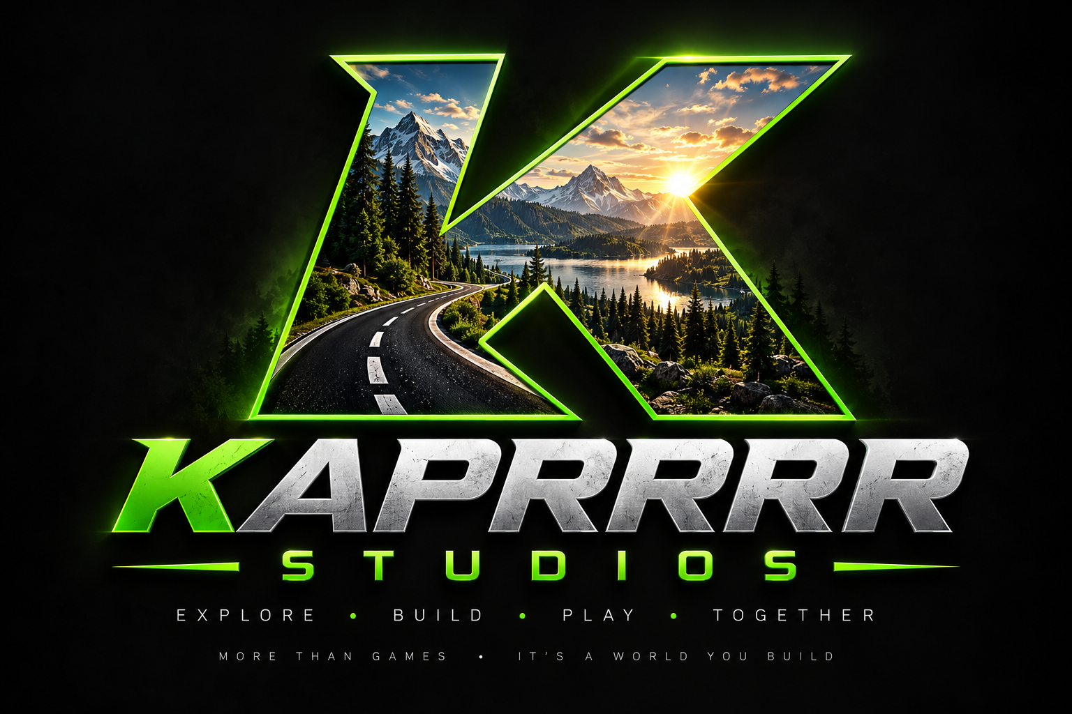 Kaprrrr Studios landscape logo. Explore, build, play, together.
