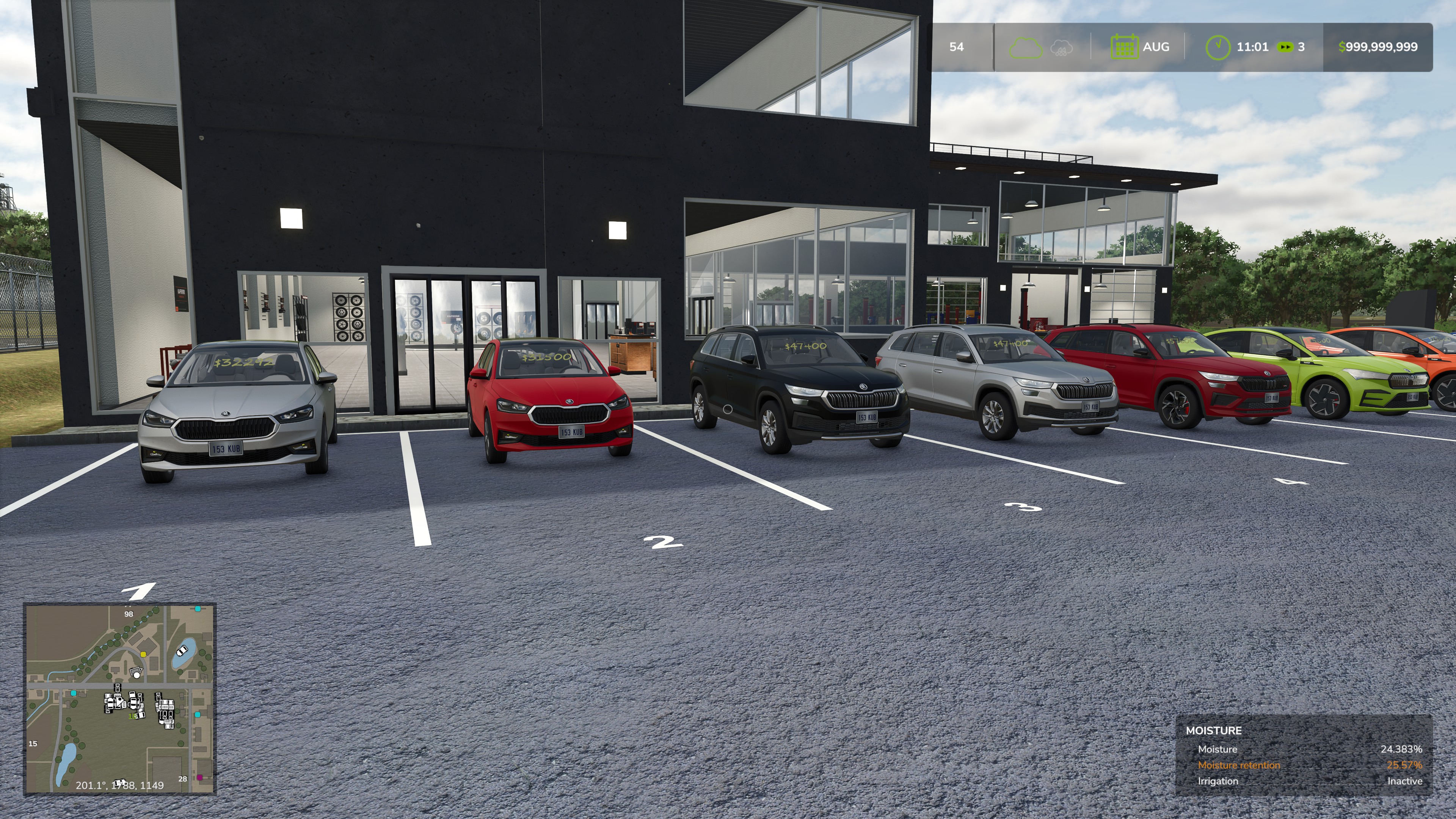 Modern buildings and a dealership forecourt in Oakridge, shown in Farming Simulator 25.